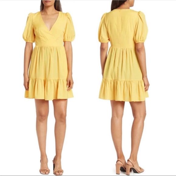 Eliza J Surplice Neck Puff Sleeve Fit & Flare Dress Yellow size 12 NWT - Picture 1 of 13